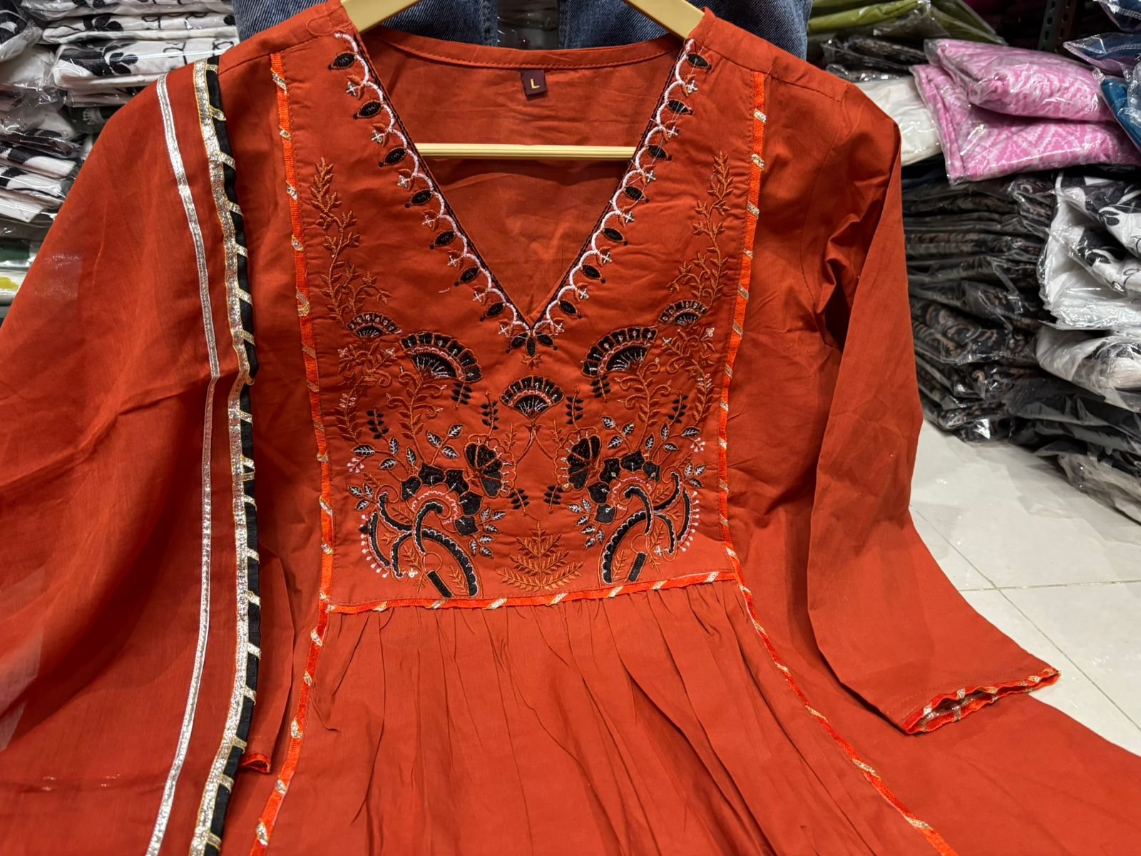 Orange Natra Cut Embroidered Kurta Set